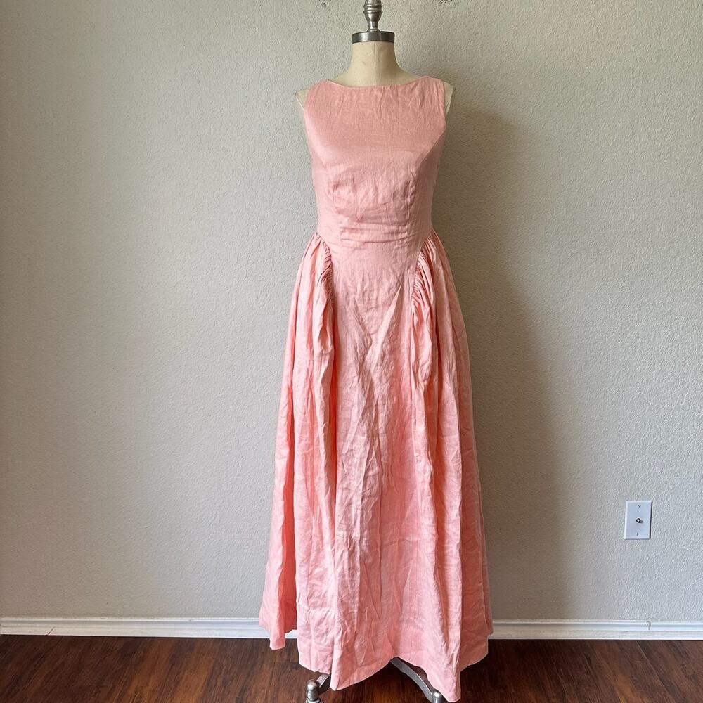 OMEELY Maxi Dress Coral Pink Woven Sleeveless Keyhole Back Pleated NWT